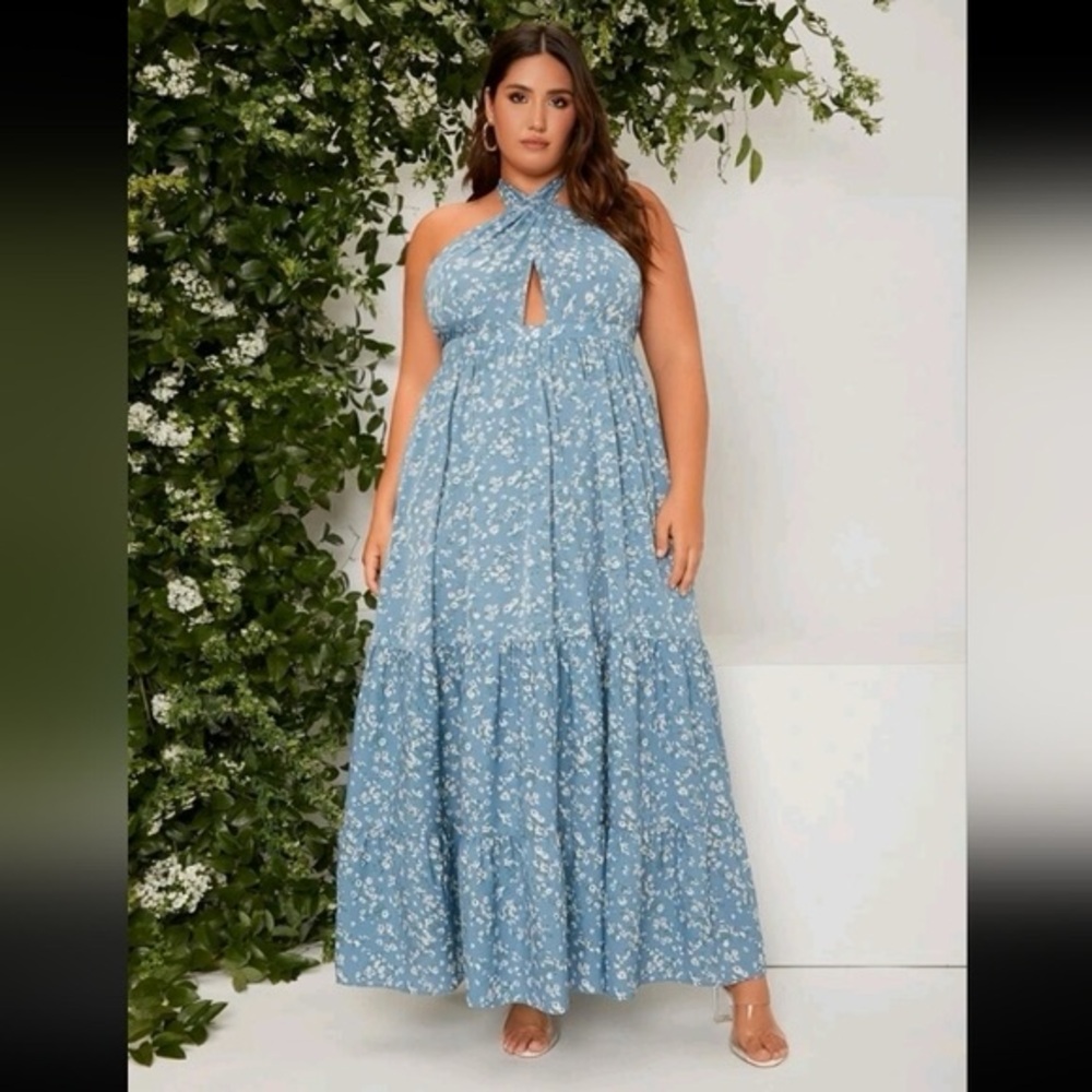 SHEIN Curve Ditsy Floral Backless Halter Maxi Dress.